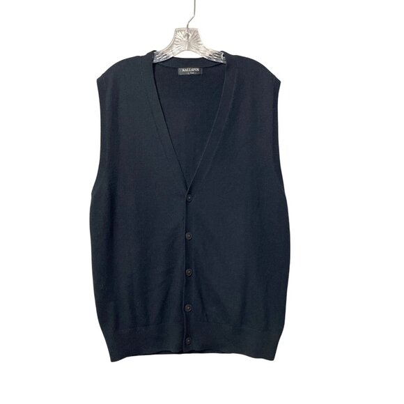 Kallspin Men's Cashmere Wool Blend Black Sleeveless Cardigan Vest L Tall Button - Picture 1 of 9
